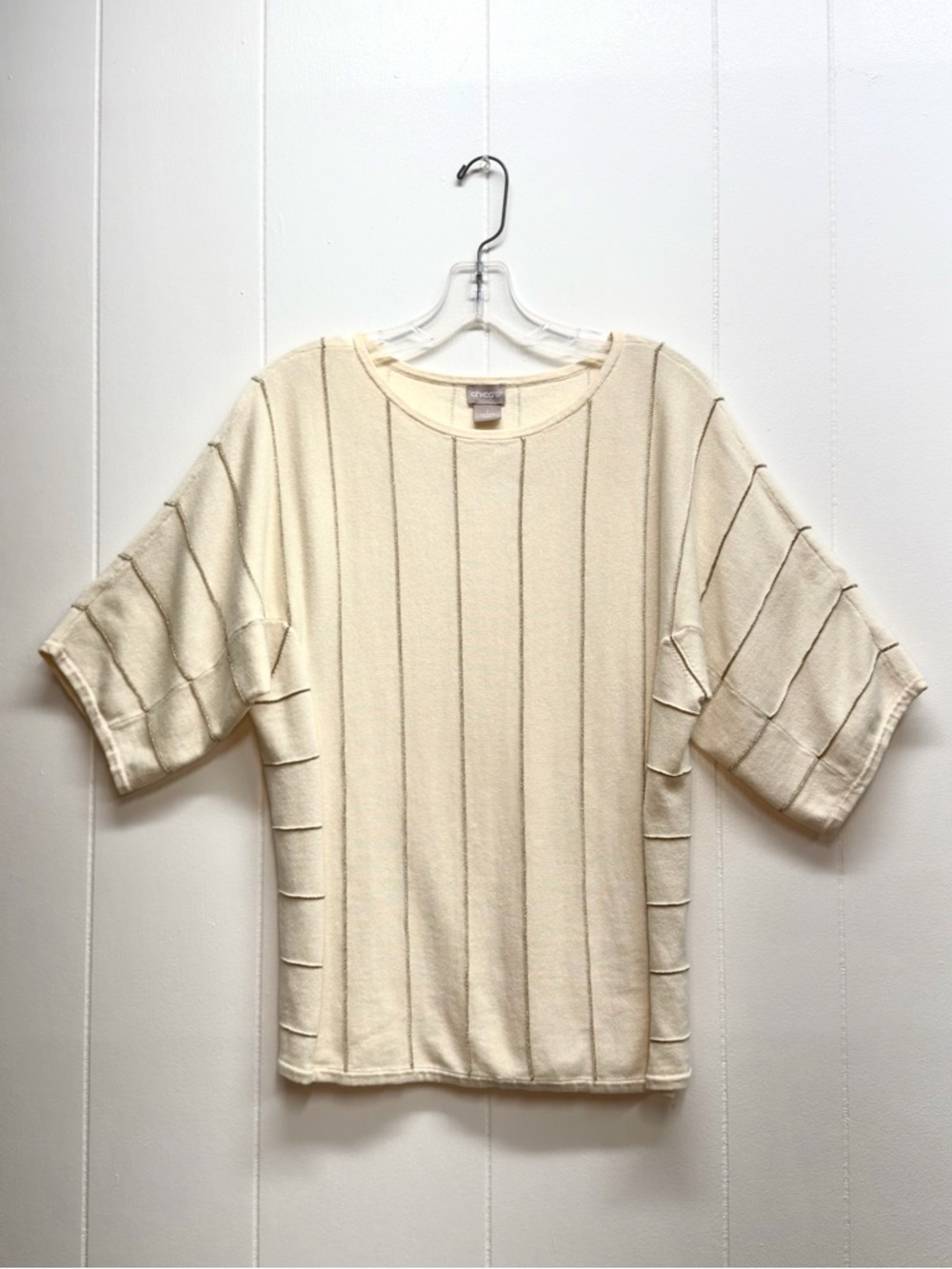 Chico's Cream 3/4 Sleeve Textured Sweater with subtle metallic gold stripes